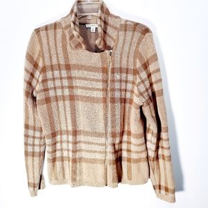 Isaac Mizrahi Beige/Brown Plaid Zip Cardigan sz M
